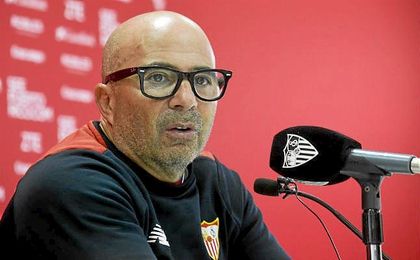 Sampaoli, durante la rueda de prensa de hoy. Sampaoli, durante la rueda de prensa de hoy.