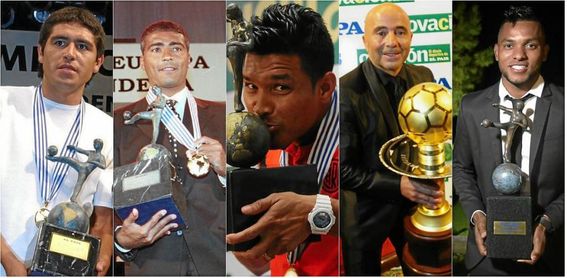 Riquelme, Romario, Teófilo Gutiérrez, Sampaoli y Miguel Borja, premiados en diferentes ediciones. Riquelme, Romario, Teófilo Gutiérrez, Sampaoli y Miguel Borja, premiados en diferentes ediciones.