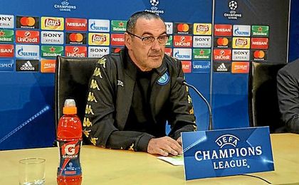 Maurizio Sarri, en la rueda de prensa de la Champions. Maurizio Sarri, en la rueda de prensa de la Champions.