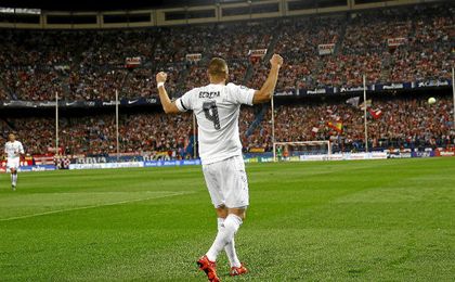 Benzema celebra el gol anotado el pasado curso en el Calderón. Benzema celebra el gol anotado el pasado curso en el Calderón.