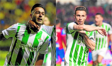 Sergio León y Rubén Castro celebran goles con el Betis. Sergio León y Rubén Castro celebran goles con el Betis.