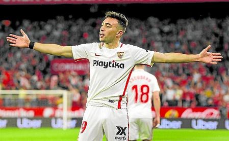 Munir celebra el gol que marcó en el derbi, uno de los cinco que anotó en Liga y de los siete que firmó en total desde que llegó a Nervión. Munir celebra el gol que marcó en el derbi, uno de los cinco que anotó en Liga y de los siete que firmó en total desde que llegó a Nervión.