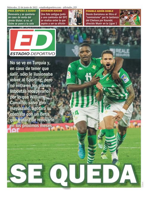 La portada de ESTADIO Deportivo para el miércoles 22 de junio de 2022